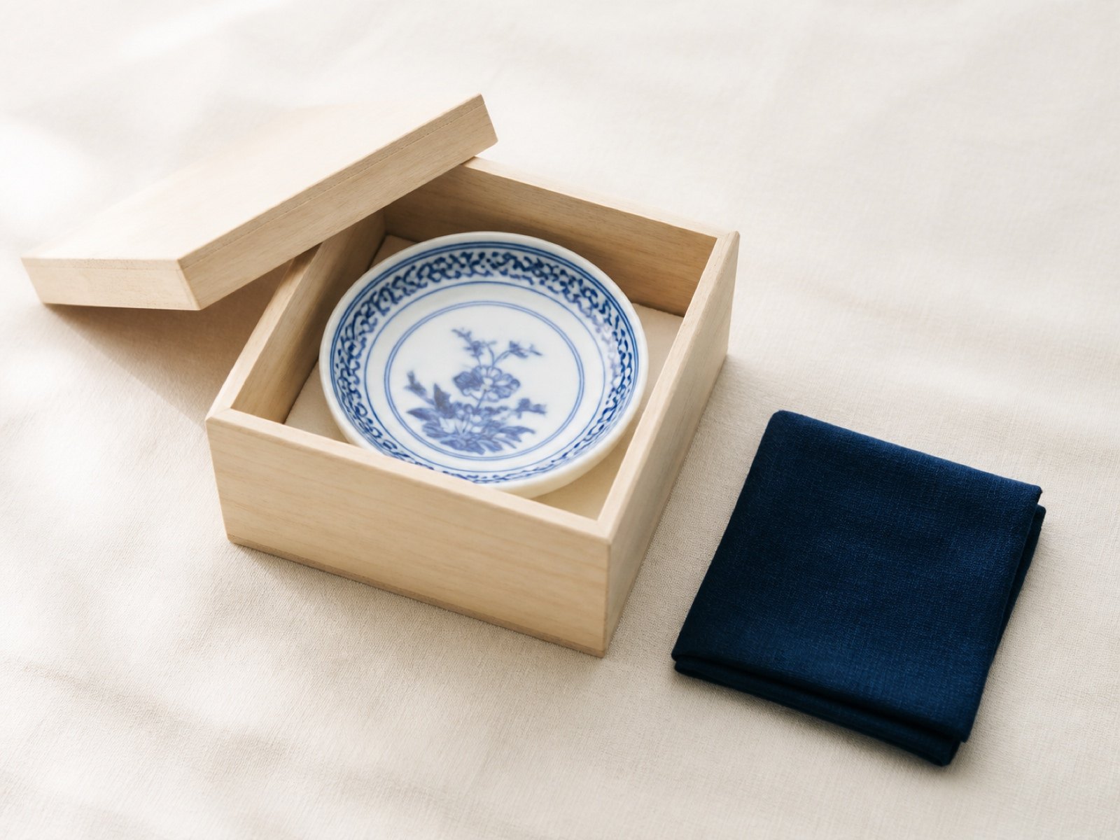 A small blue and white Arita porcelain dish in an opened paulownia wood gift box beside a folded indigo cloth