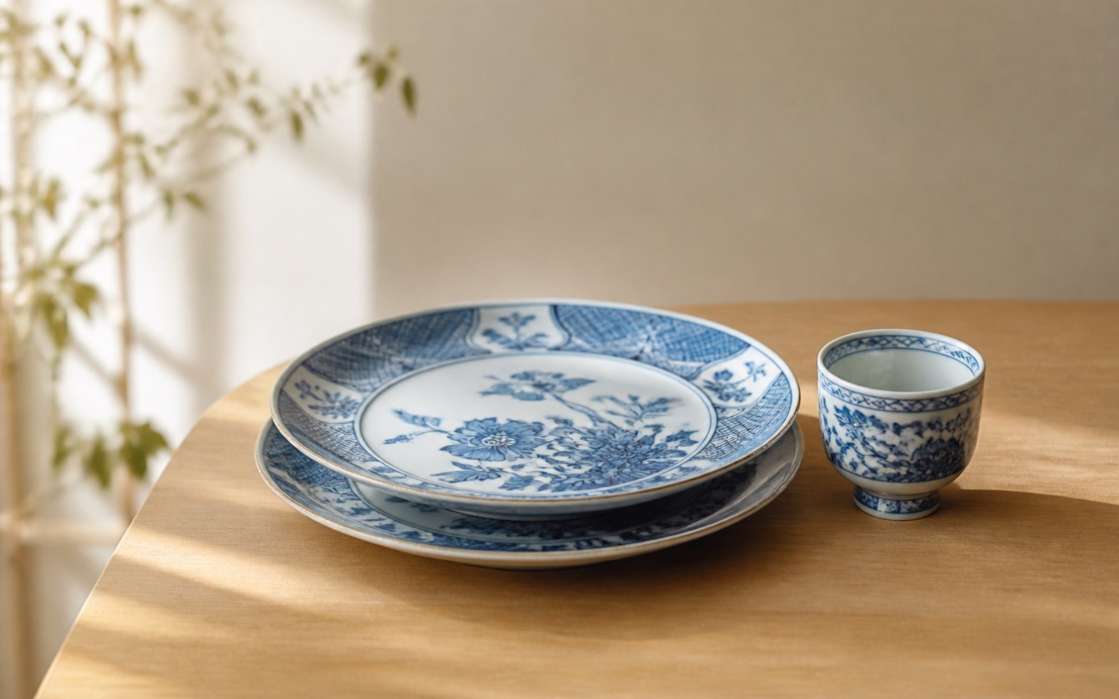 Blue and white Arita porcelain plates and a cup arranged on a wooden table