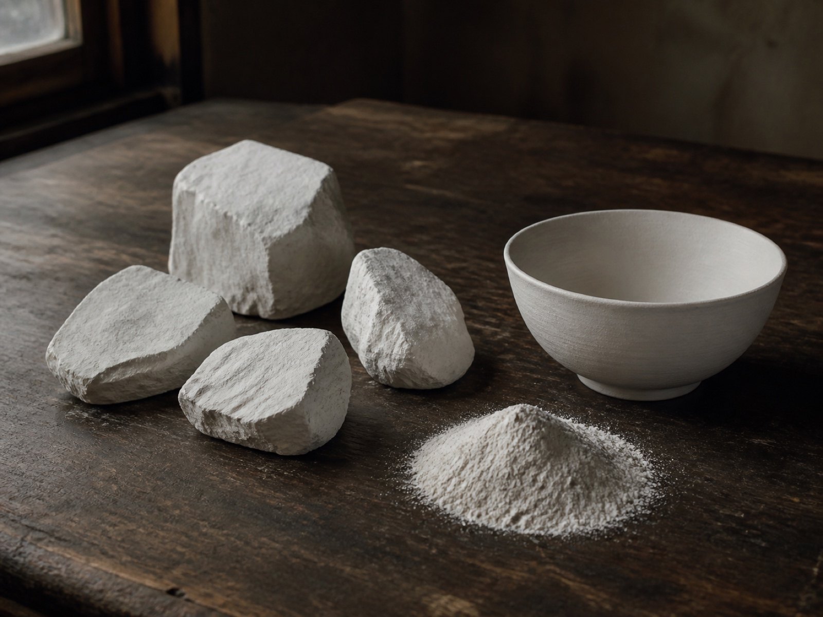 Raw white porcelain stone and kaolin clay beside an unglazed white porcelain bowl on a workbench
