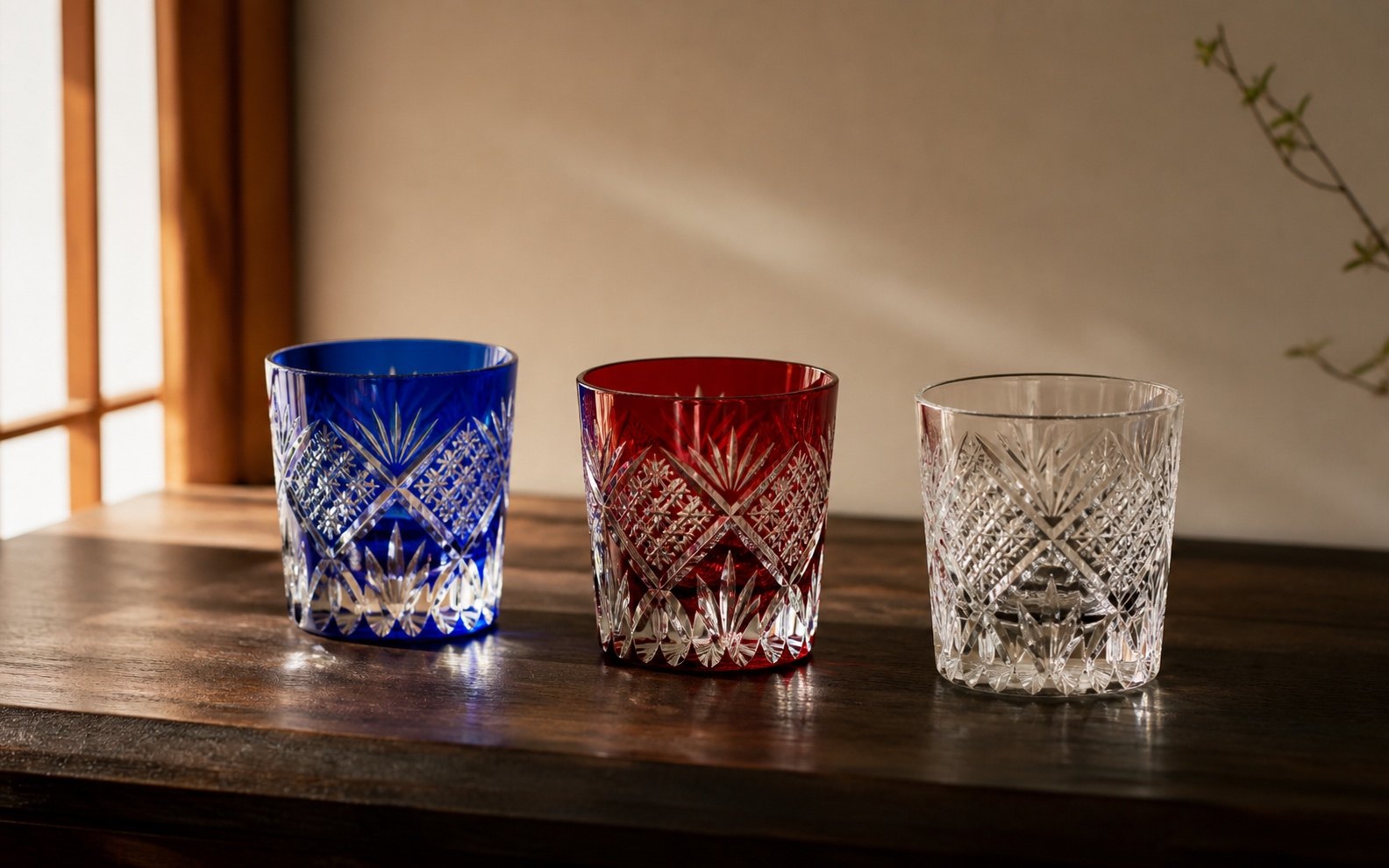 Several Edo Kiriko glasses in blue, red and clear crystal arranged on a dark wooden surface