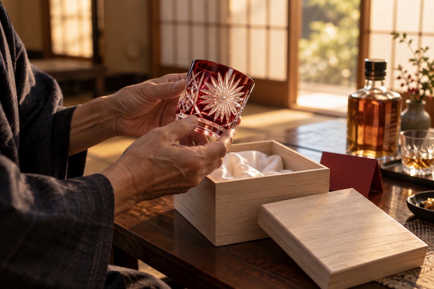 An older person's hands lifting a red chrysanthemum-pattern Edo Kiriko rock glass from its wooden box in a Japanese room, a 60th-birthday gift