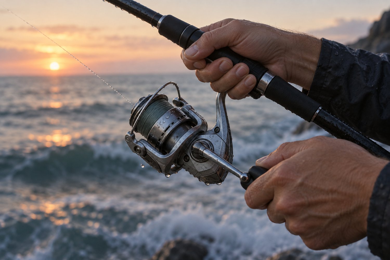 Close-up of a spinning reel's spool and handle on a wooden dock at dawn, line still wet, rod resting beside it
