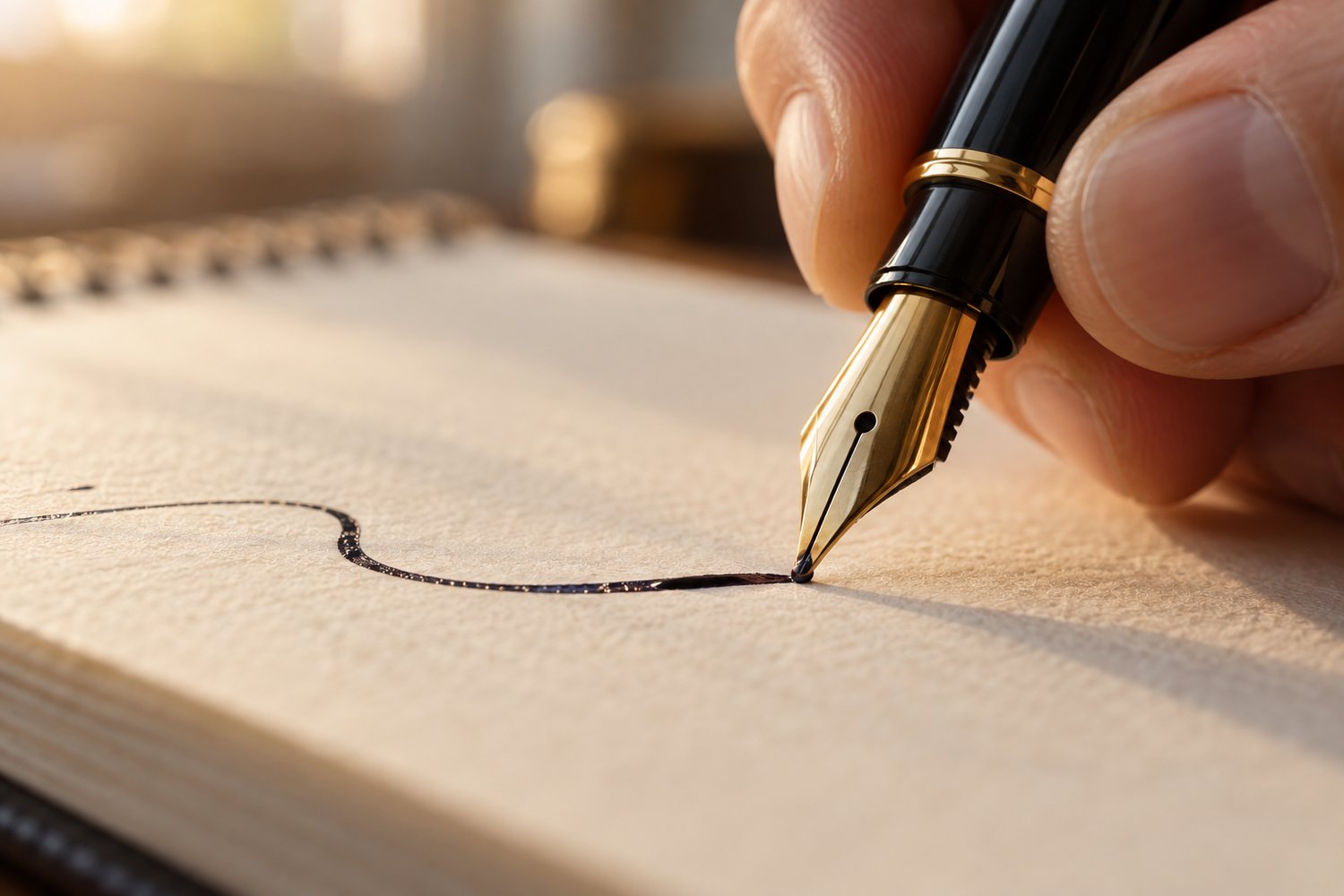 A hand writing a letter in a notebook with a black fountain pen, ink still wet, a cup of tea beside it