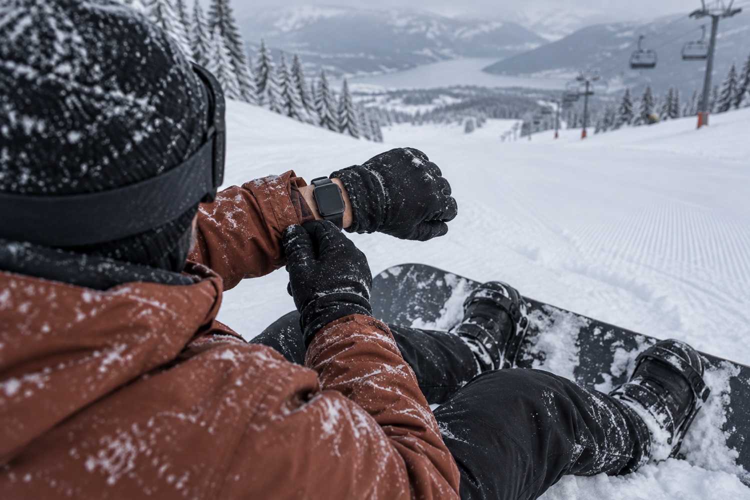 A snowboarder sitting in the snow after a fall, pulling back a jacket cuff with a gloved hand to check a small square digital watch