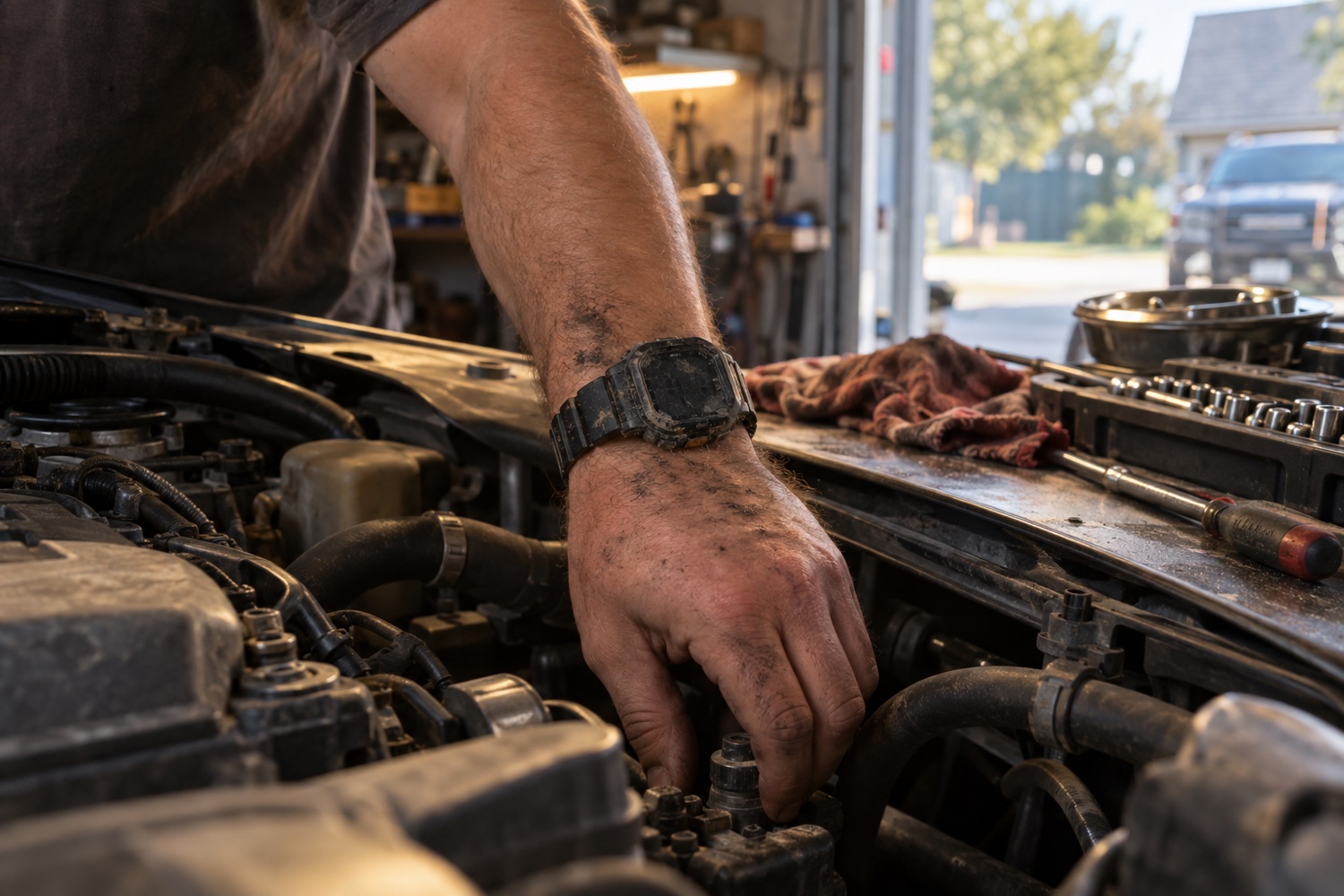A dirt-covered forearm reaching into a car engine bay in a home garage, wearing a scuffed black digital watch on a resin strap