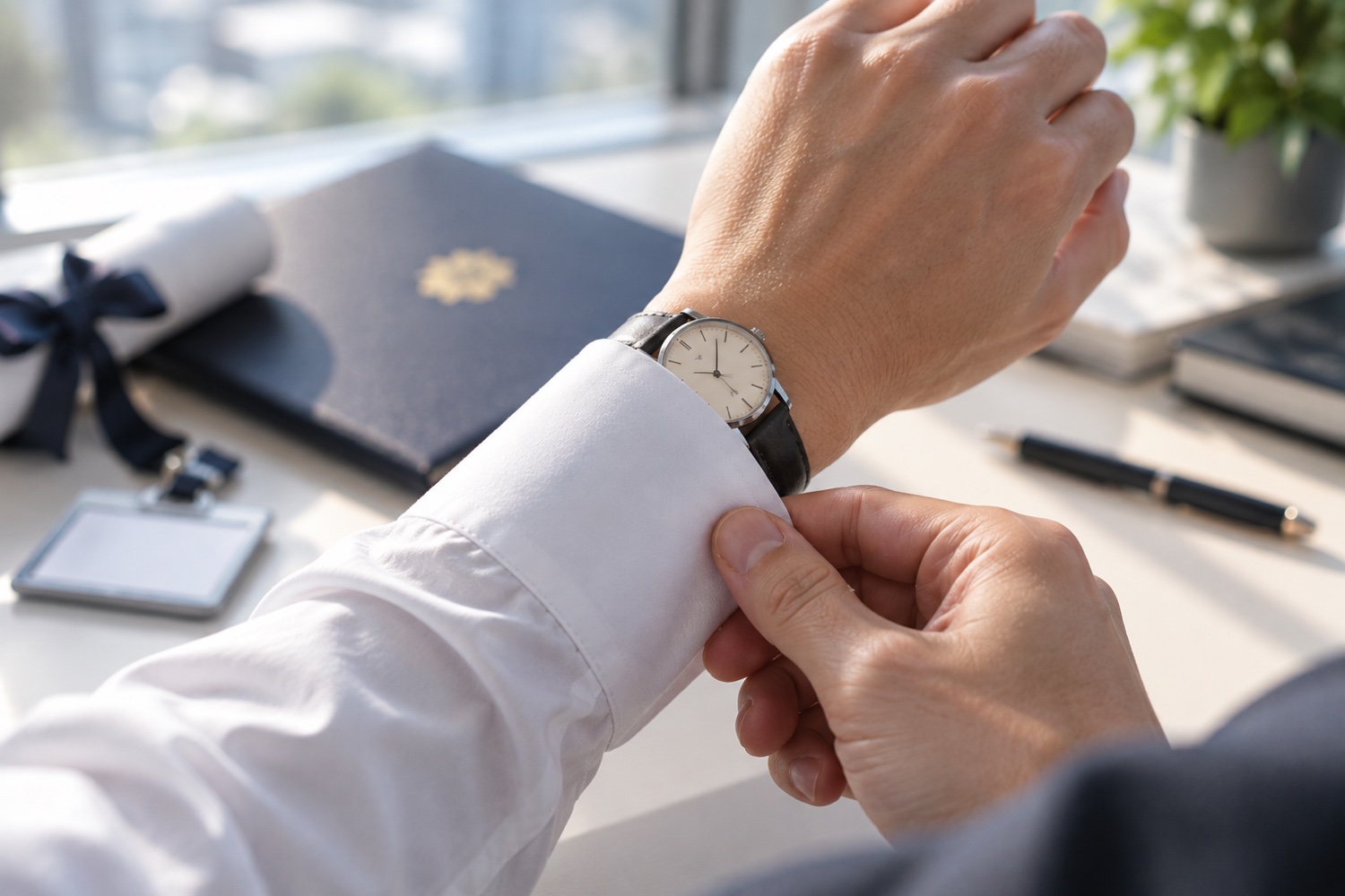 A hand adjusting a shirt cuff over a slim leather-strap Japanese watch, a diploma folder and a new ID badge on the desk