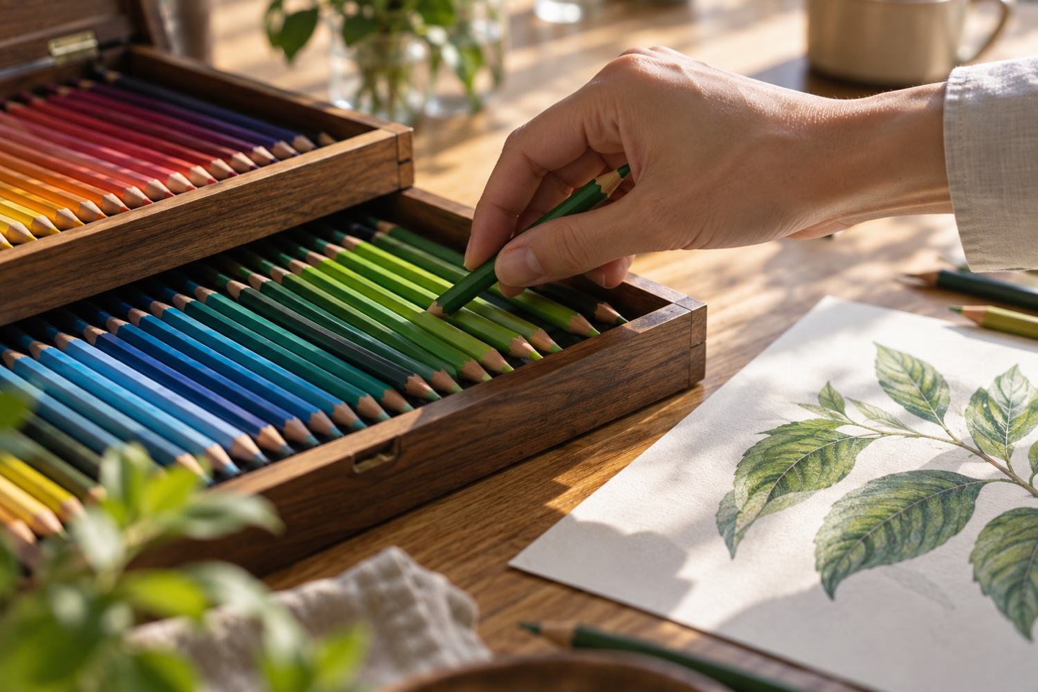 A hand lifting a pencil from an open wooden box of colored pencils arranged by hue, a botanical drawing in progress beside it