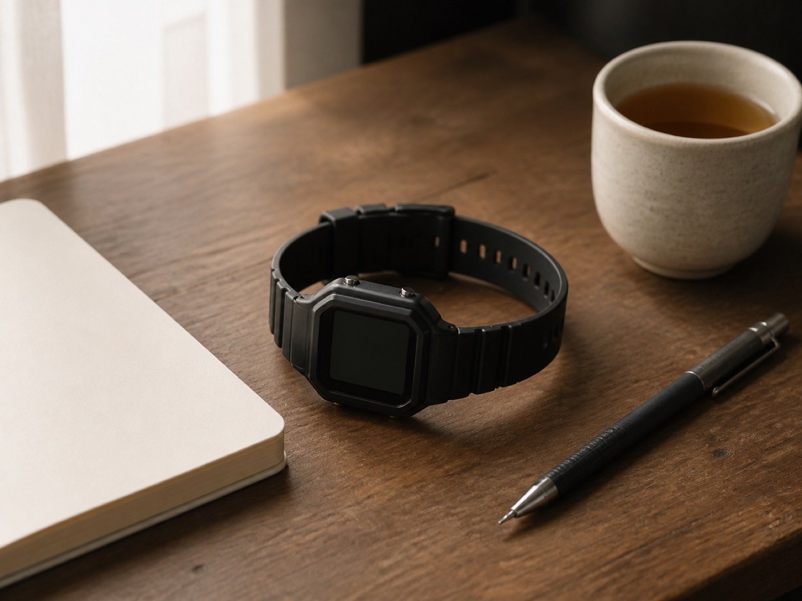 A small black digital watch on a resin strap resting on a wooden desk beside a notebook and a cup of tea