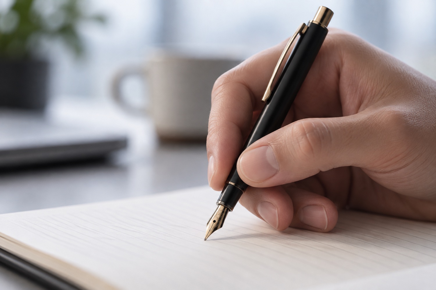 A hand holding a black Pilot Capless fountain pen in writing position, showing the clip sitting between the index finger and thumb near the nib