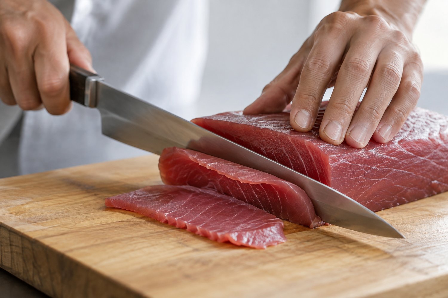 A yanagiba drawn through a block of tuna in one long stroke on a wooden board, a single glossy slice separating from the block