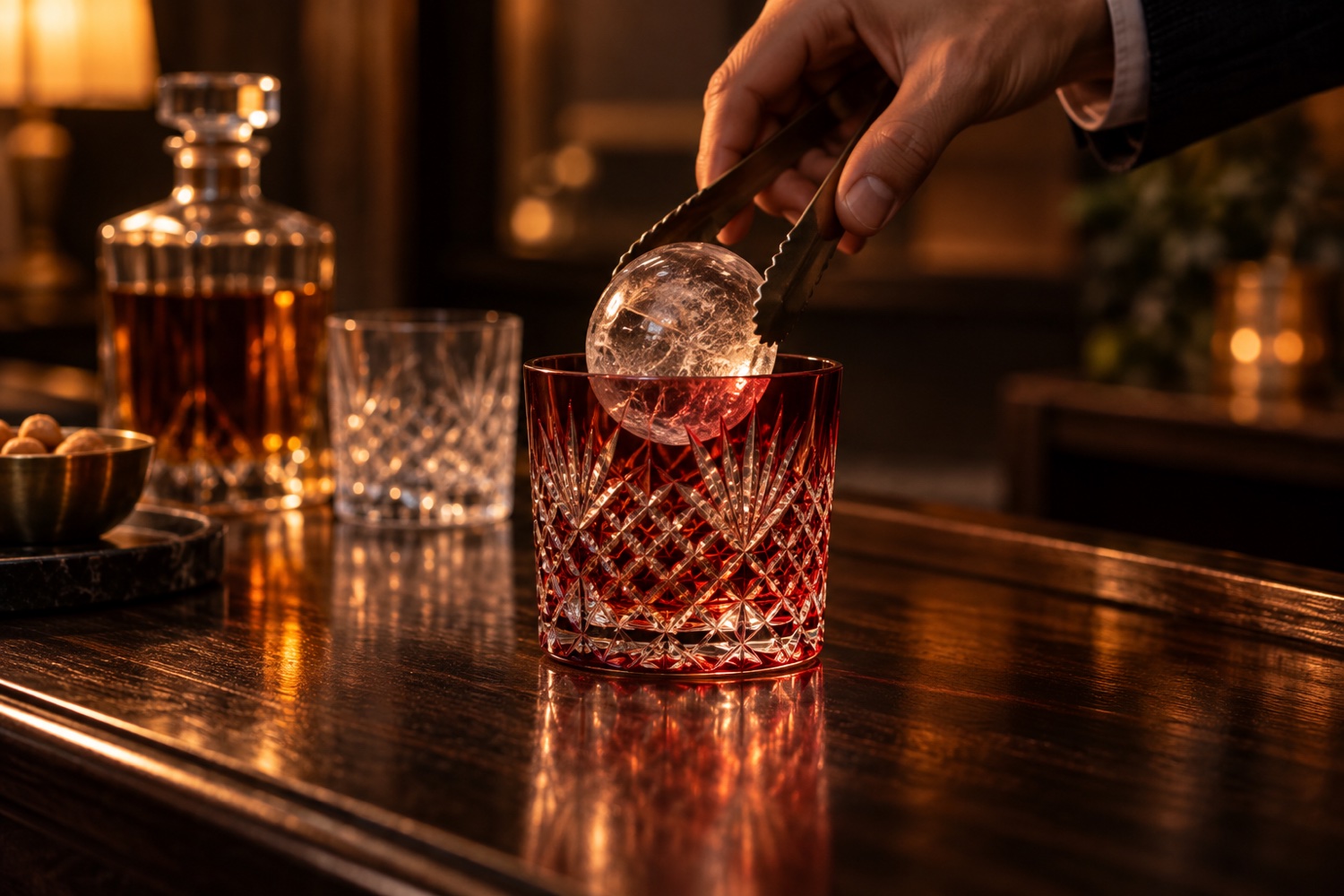 A hand lowering a large clear ice ball into a cut-crystal Edo Kiriko rock glass on a dark wooden bar, whiskey bottle blurred behind