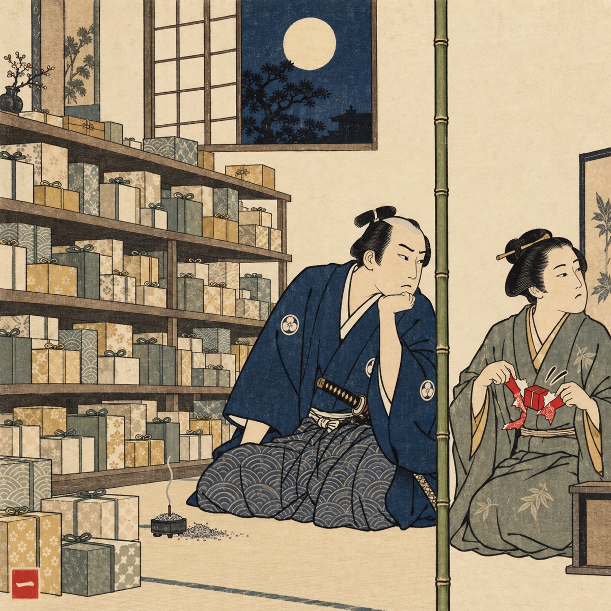 Ukiyo-e style illustration: under a rising moon, a samurai sits exhausted beside shelves of wrapped gift boxes and a burned-out incense stick, while on the other side of a bamboo pole the recipient casually tears open a tiny red gift.