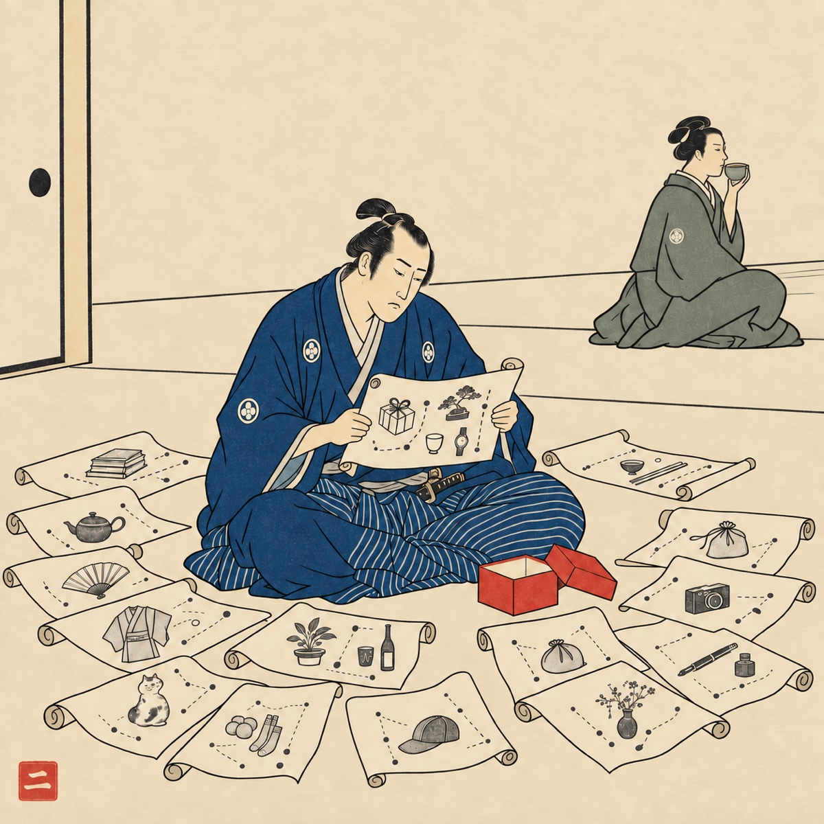 Ukiyo-e style illustration: a samurai sits surrounded by fourteen unrolled scrolls, looking exhausted, while the gift recipient calmly sips tea in the background.