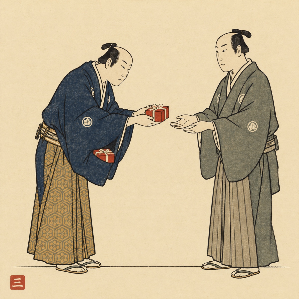 Ukiyo-e style illustration: a person in kimono bows while handing over a red-wrapped gift, an identical red box peeking out of their own sleeve.