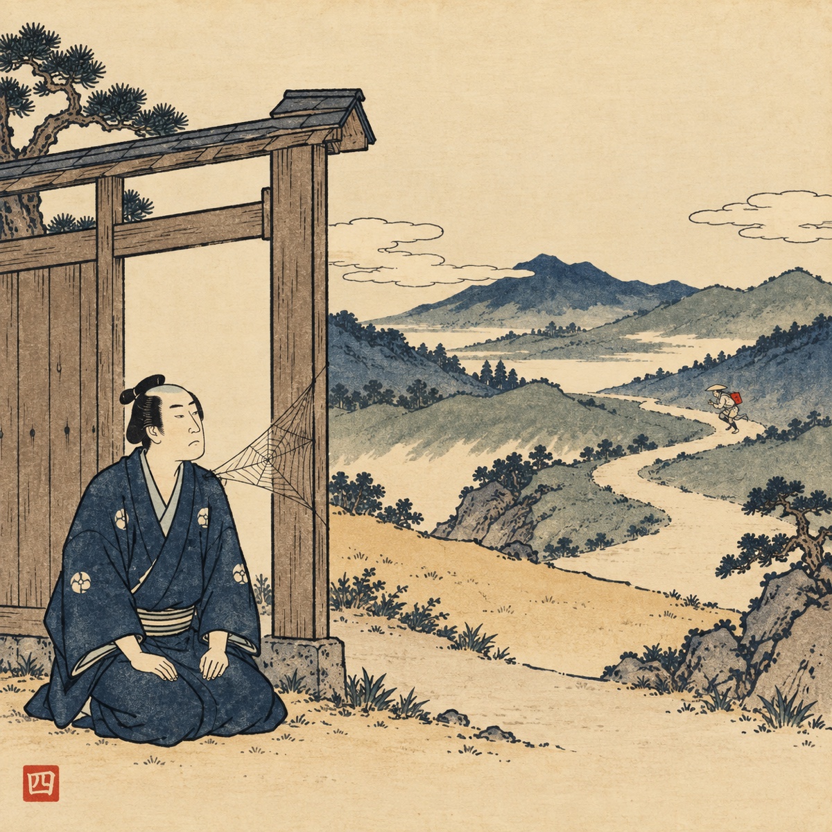 Ukiyo-e style illustration: a person kneels waiting at a wooden gate, covered in cobwebs, while a tiny Edo courier runs along a distant mountain road carrying a red package.