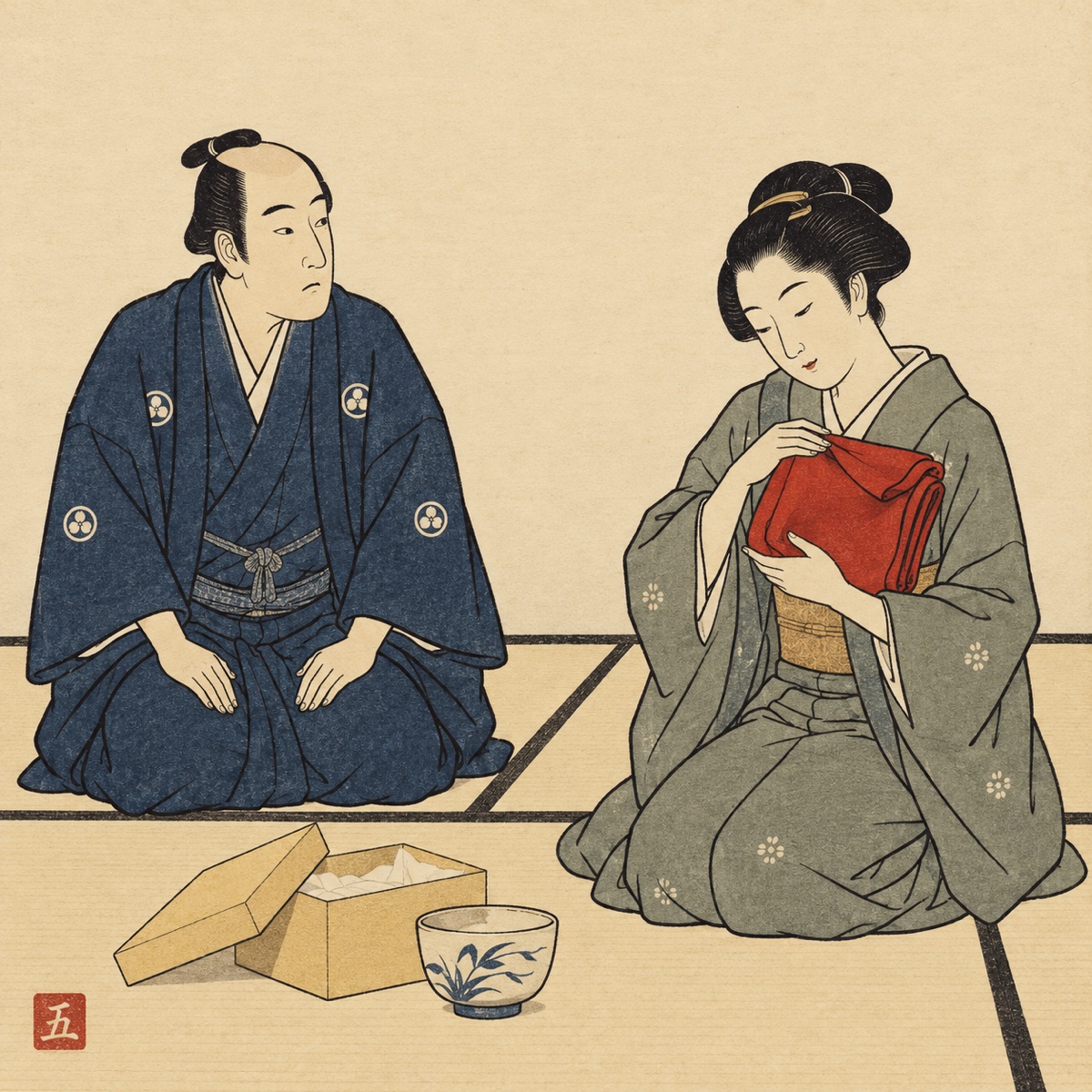 Ukiyo-e style illustration: a recipient ignores the opened gift on the tatami and lovingly folds the red furoshiki wrapping cloth, while the giver watches deadpan.