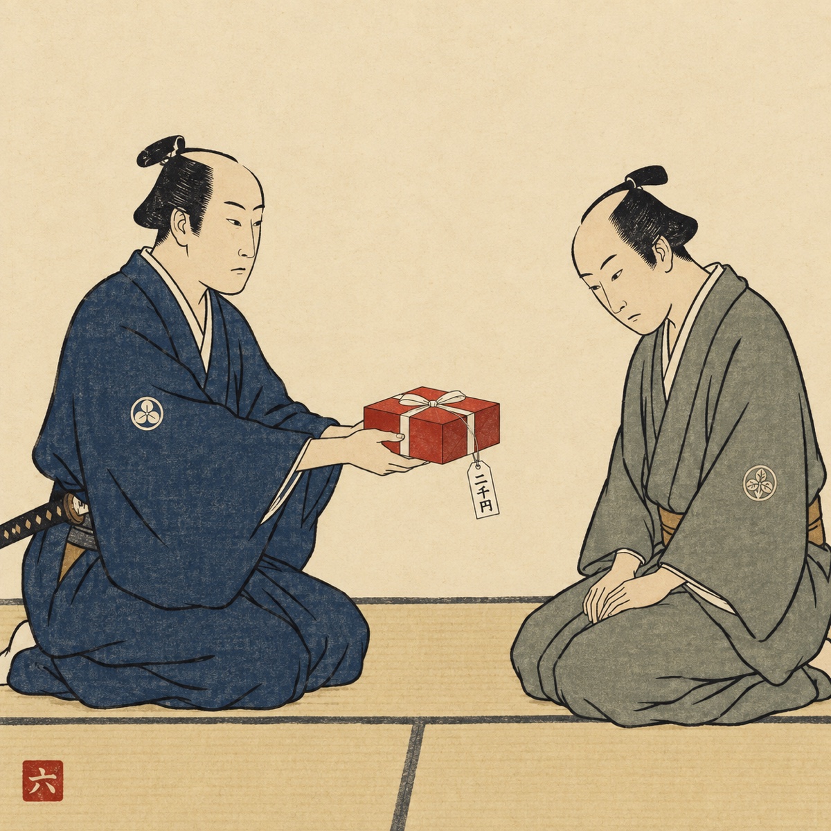 Ukiyo-e style illustration: a samurai formally presents a red gift box with a paper price tag dangling from its ribbon; the recipient stares at the tag, both faces calm.