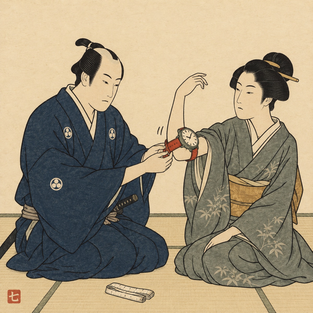 Ukiyo-e style illustration: a samurai kneels on tatami fastening a red-strapped wristwatch onto his wife’s raised arm; the watch is far too big and slides down toward her elbow, while an unused measuring tape lies rolled up on the floor.