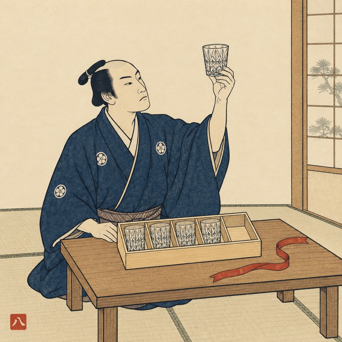 Ukiyo-e style illustration: a man in a navy kimono sits at a low table, solemnly holding a cut-glass tumbler up to the light; beside him a wooden box holds four glasses and one empty slot, with a red ribbon lying on the table.