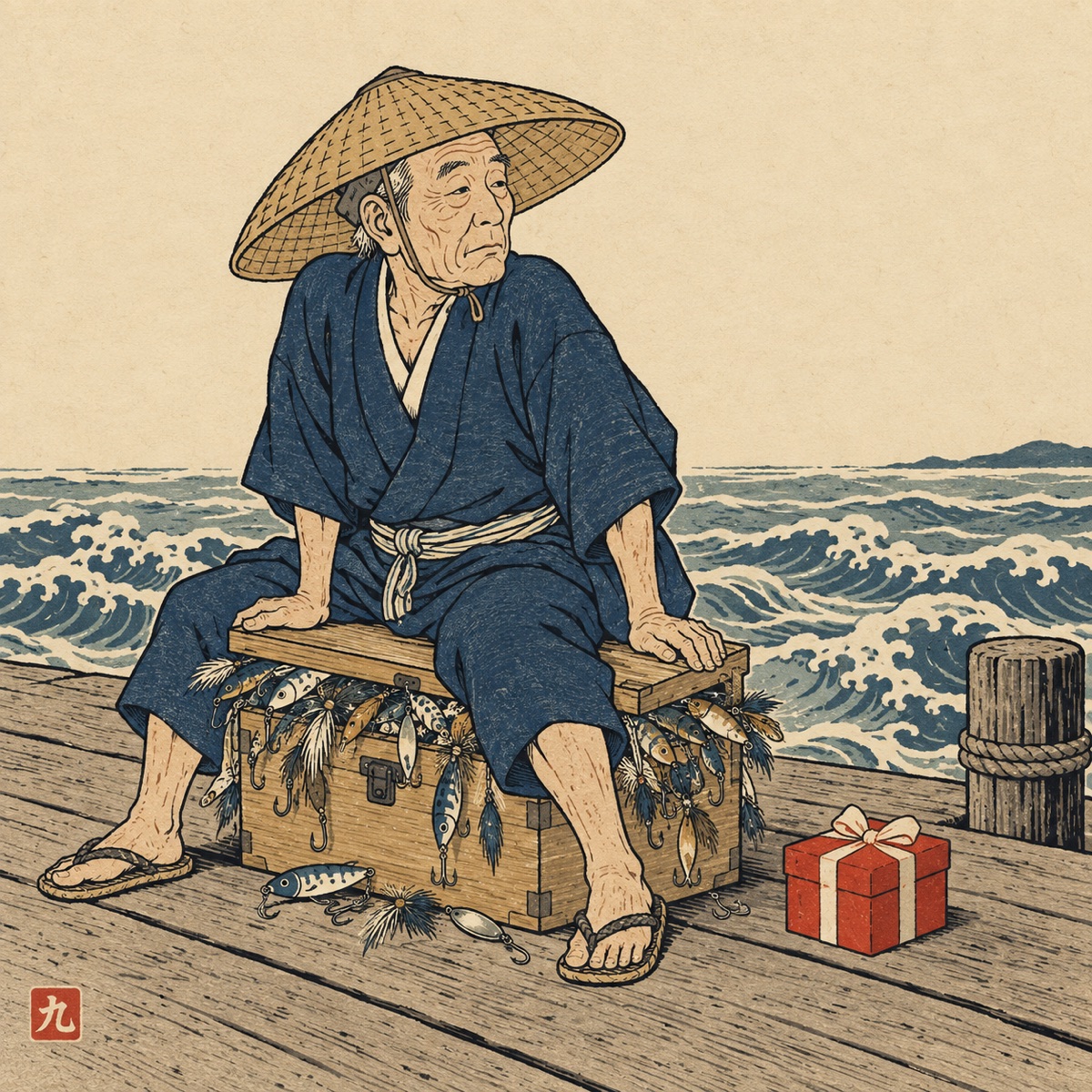 Ukiyo-e style illustration: an old fisherman in a straw hat sits on the lid of an overflowing wooden tackle box on a pier, lures and feathered flies spilling from every gap, a small red gift box unopened beside him and great waves behind.