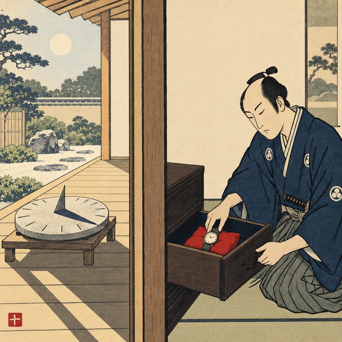 Ukiyo-e style illustration in two panels: on the left, a sunlit veranda with a stone sundial; on the right, a samurai carefully lays a wristwatch on a red cushion inside a dark wooden drawer.