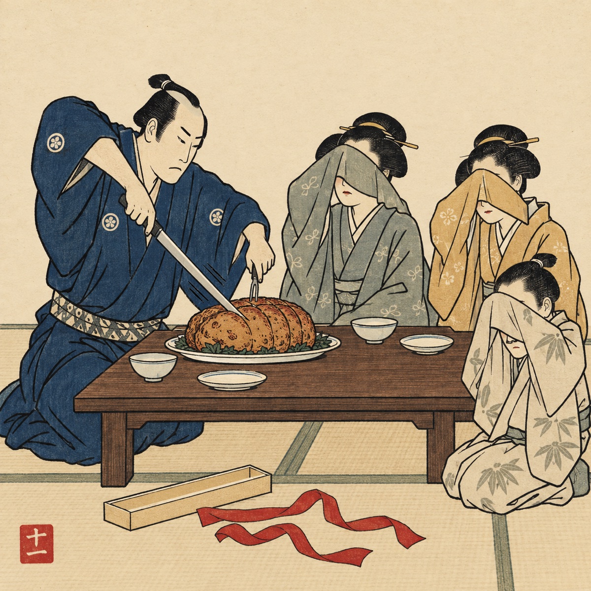 Ukiyo-e style illustration: a father in a navy kimono saws at a large roast with a long slicing knife, elbow raised, while three family members at the low table hide their eyes behind their kimono sleeves; an empty knife box and red ribbon lie on the floor.