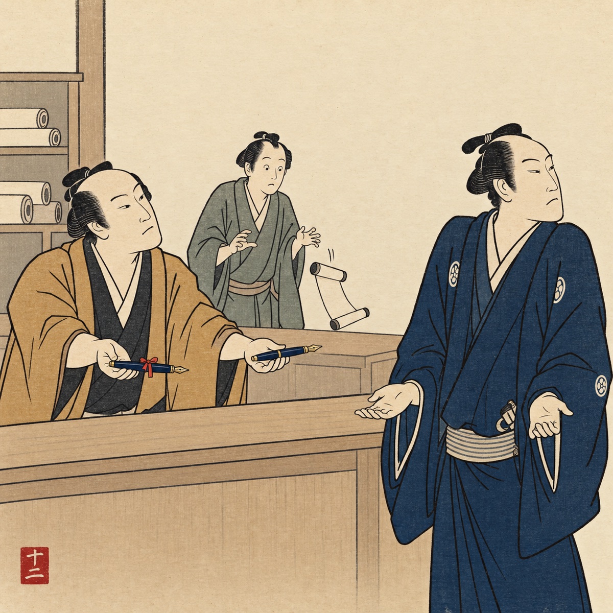 Ukiyo-e style illustration: a shopkeeper behind a counter holds out two identical fountain pens, one tied with a red ribbon, while the customer in a navy kimono shrugs and looks away; behind them an apprentice drops a scroll in quiet shock.