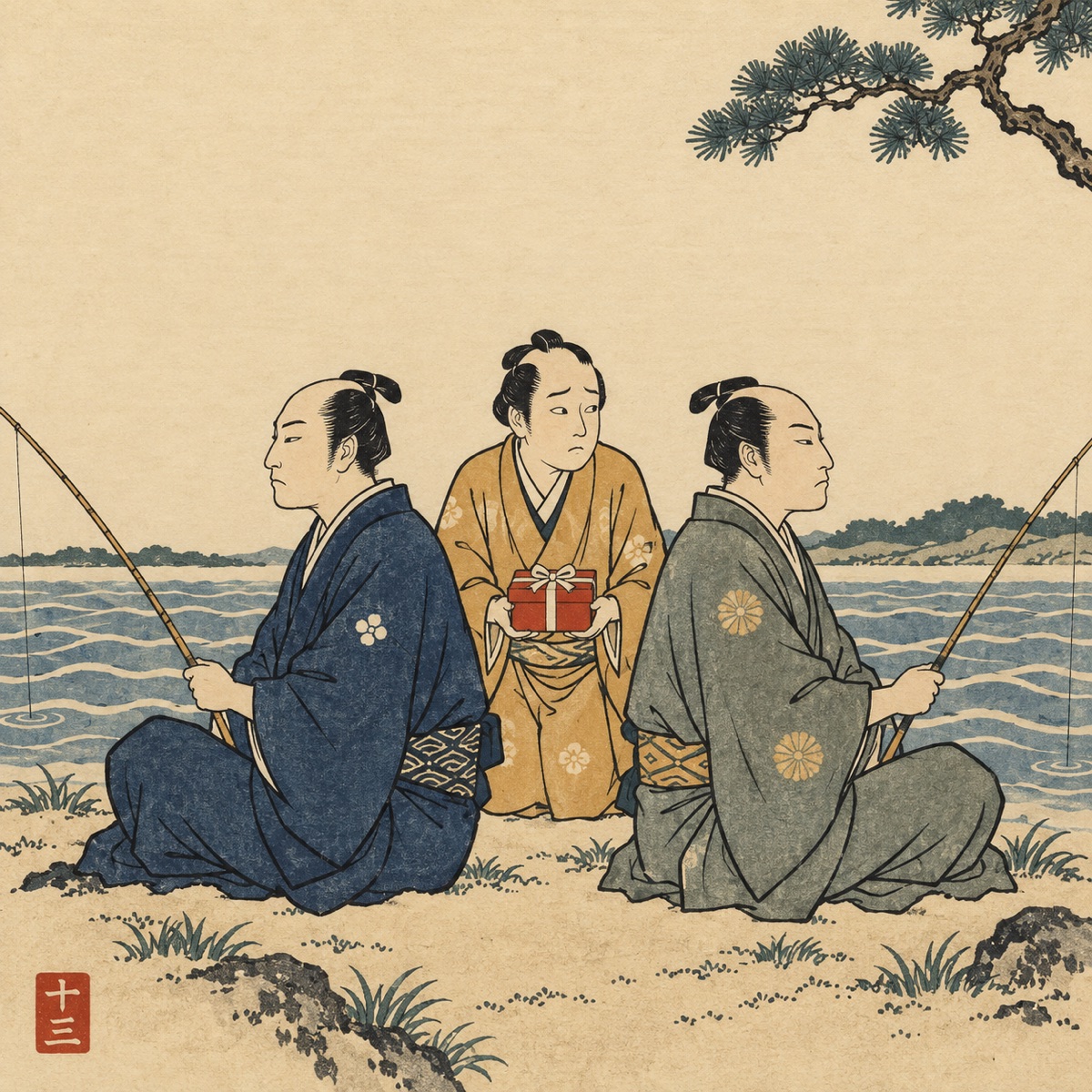 Ukiyo-e style illustration: two anglers in kimono sit back to back on a riverbank holding their rods and refusing to look at each other, while between them a gift-giver holds a red-wrapped box and glances from one to the other.