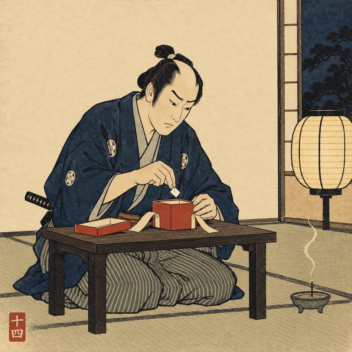 Ukiyo-e style illustration: a samurai kneels at a low table at night, carefully tucking a tiny folded slip of paper into a red gift box, a paper lantern glowing and an incense stick burning beside him.