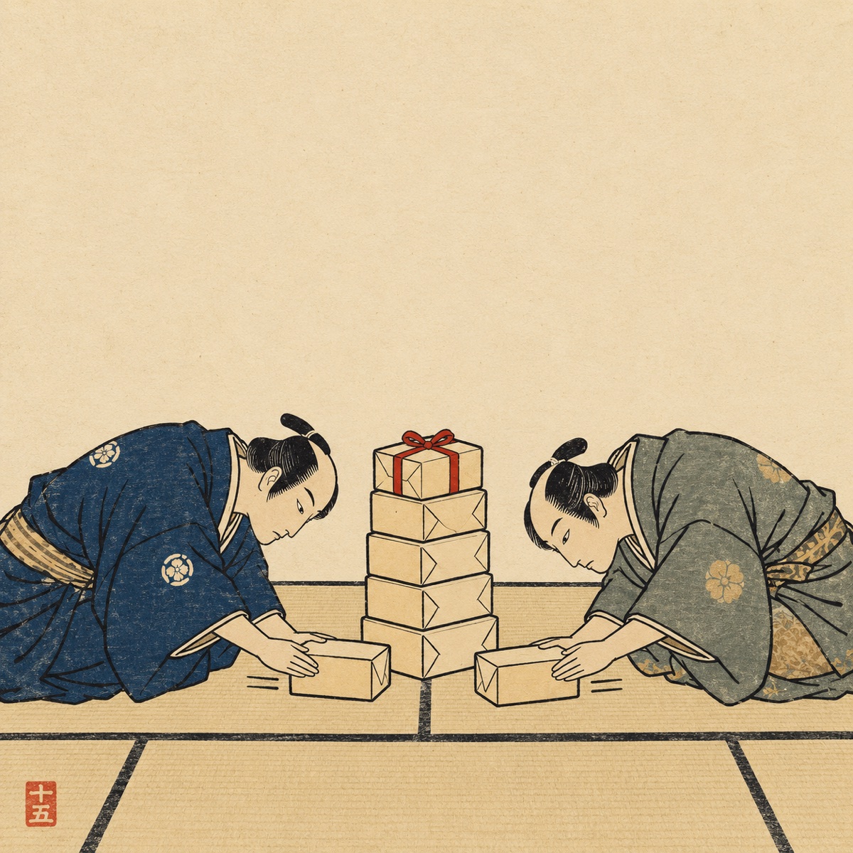 Ukiyo-e style illustration: two people in kimono bow deeply to each other on tatami at the same moment, each pushing a box forward, with a tall stack of gift boxes topped by a red ribbon between them.