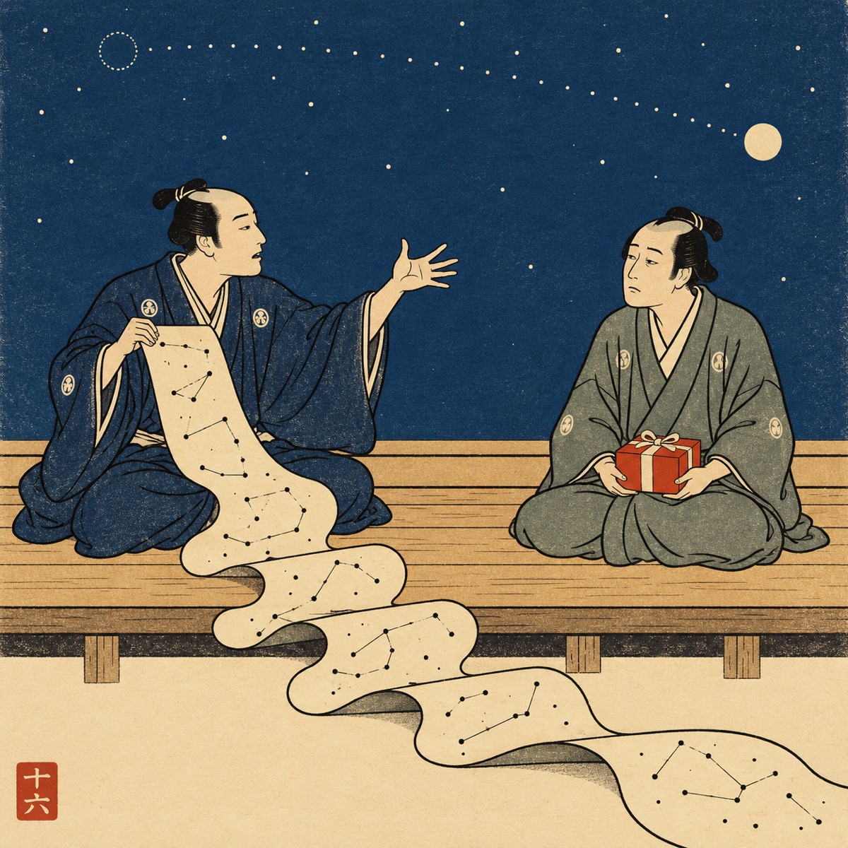 Ukiyo-e style illustration: under a starry night sky, a man in kimono talks excitedly while unrolling a long scroll of constellations across the floor, as the gift-giver sits patiently holding a small red gift box.