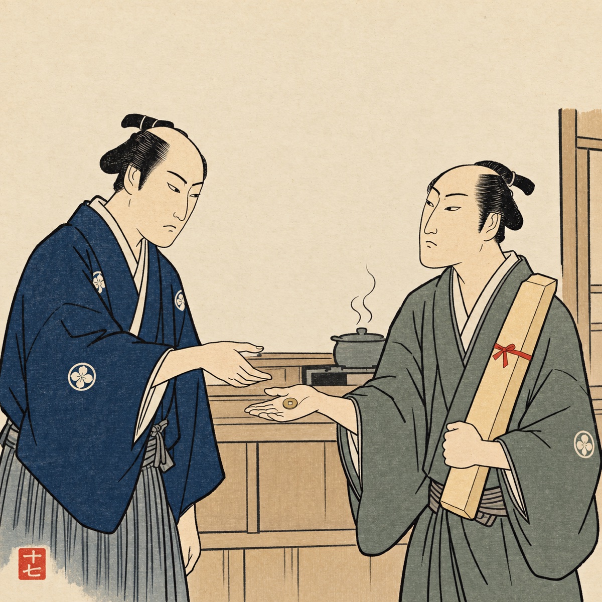 Ukiyo-e style illustration: in a simple kitchen, one person in kimono holds a long knife box tied with a red ribbon and solemnly offers a single coin on an open palm, while the giver looks at it, deadpan.