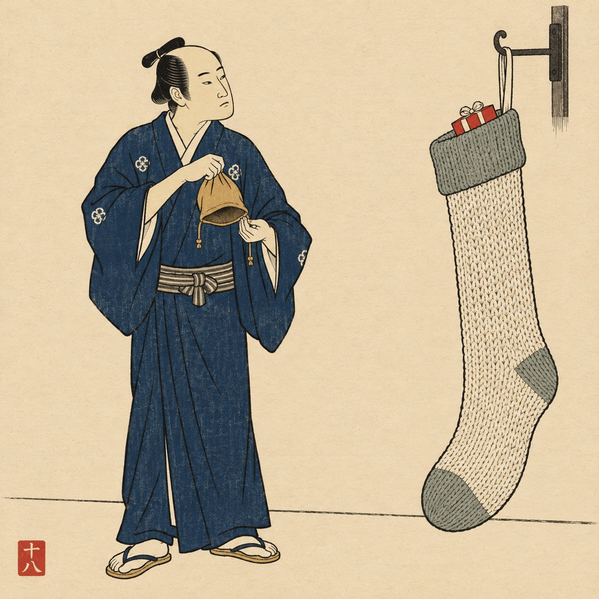 Ukiyo-e style illustration: a person in kimono holds an empty drawstring coin purse beside a large knitted stocking hanging from a hook, with a single small red gift box peeking out of the top.