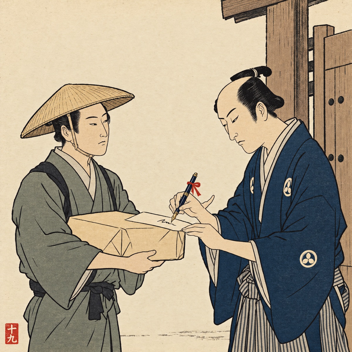Ukiyo-e style illustration: at a wooden gate, a courier in a straw hat holds out a parcel while the recipient signs a slip with a fountain pen tied with a red ribbon, with great formality.