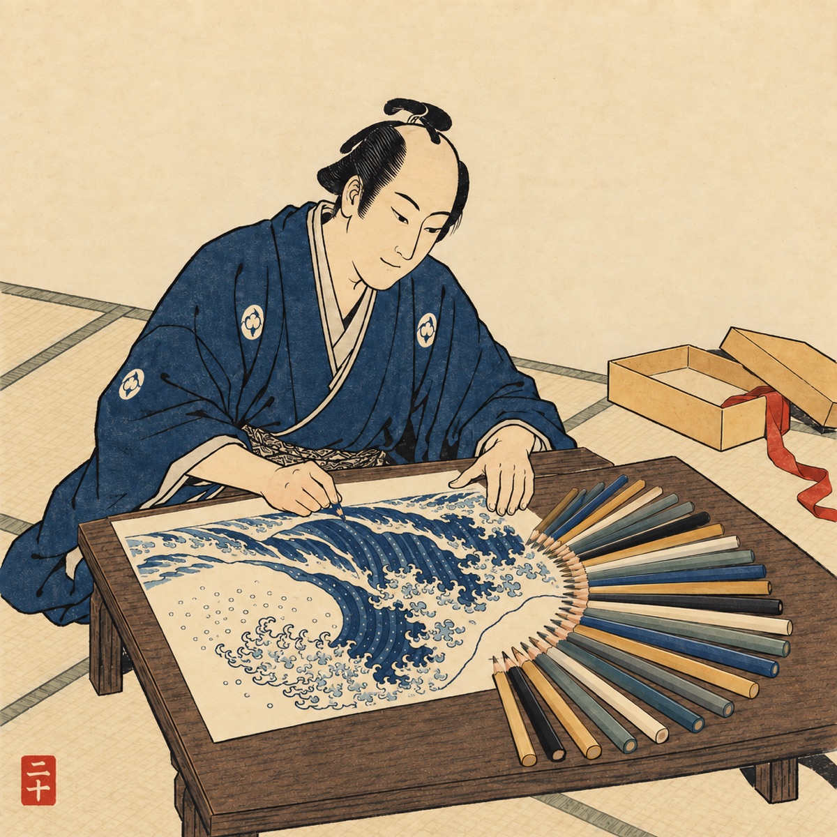Ukiyo-e style illustration: an artist in kimono draws a great blue wave at a low desk with a short pencil, a fan of colored pencils spread beside the paper and an open gift box with a red ribbon behind.