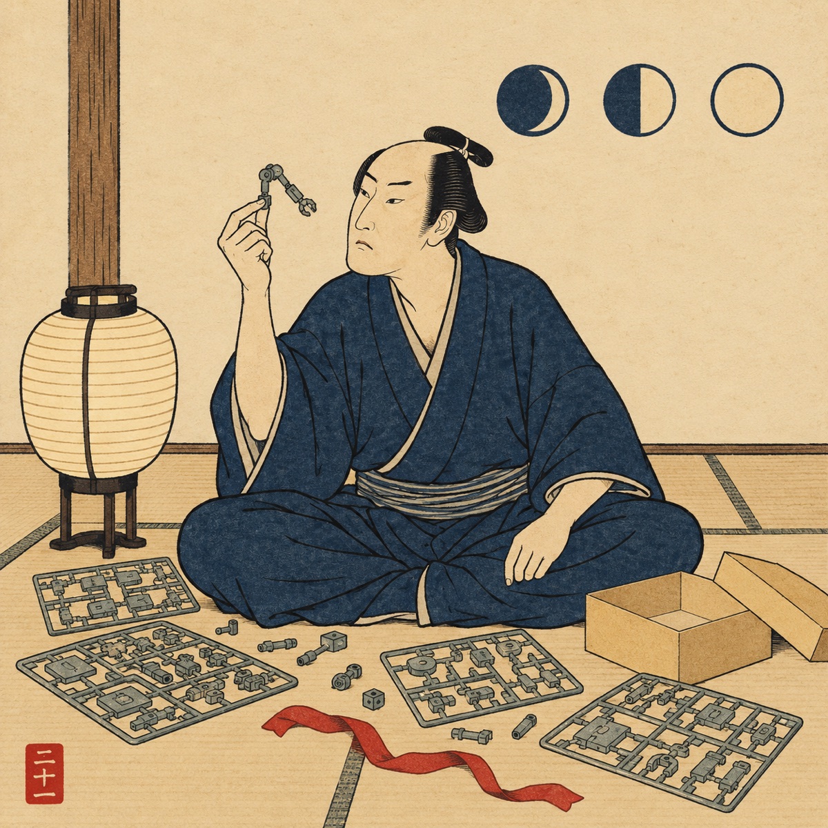 Ukiyo-e style illustration: a man in kimono sits among plastic model runners and small parts, holding a tiny robot arm up to the light, with three moons on the wall showing the months passing and a red ribbon on the floor.