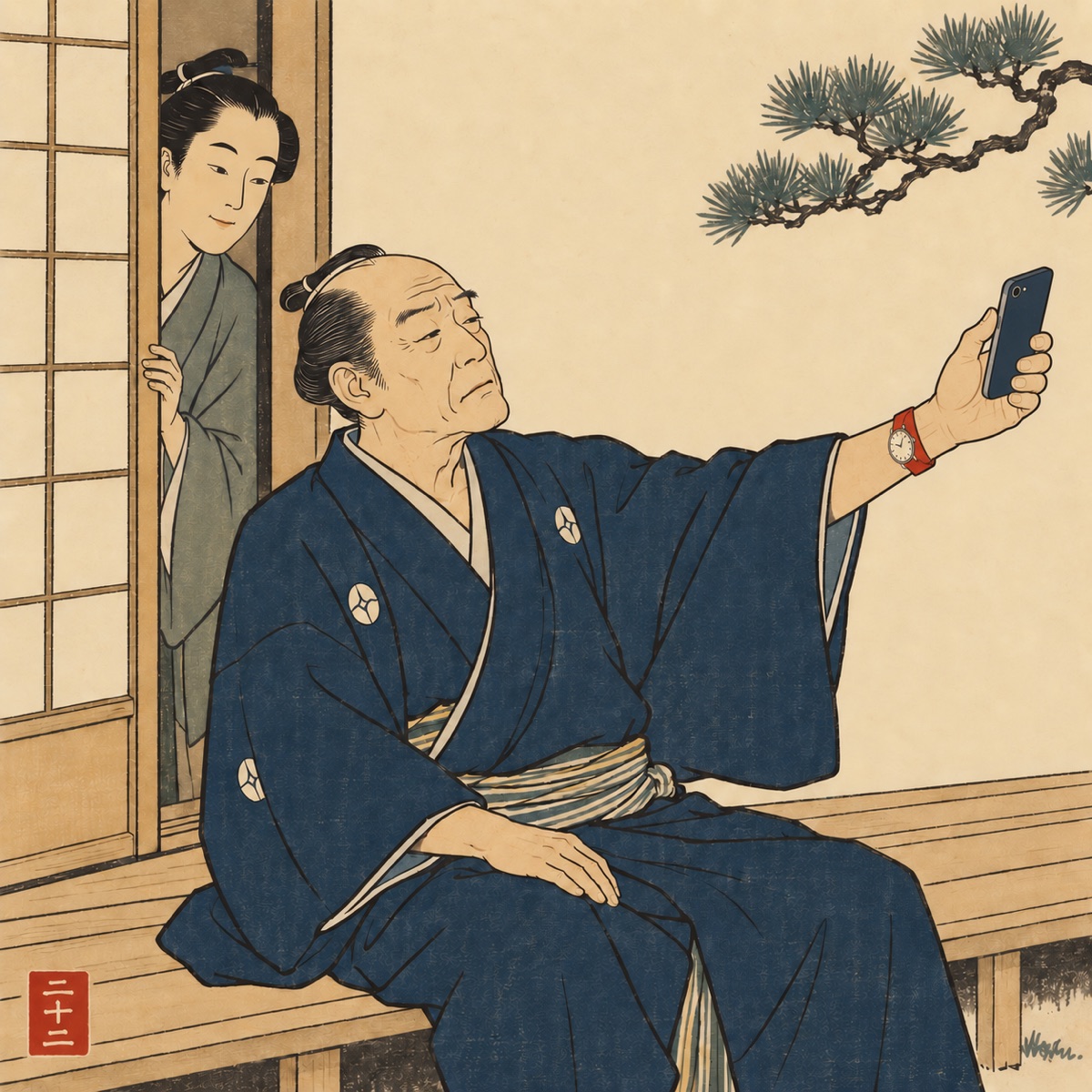Ukiyo-e style illustration: an older man in kimono on a veranda wears a red-strapped wristwatch while looking at a smartphone held at arm's length, as his grown child watches, amused, from behind a sliding door.
