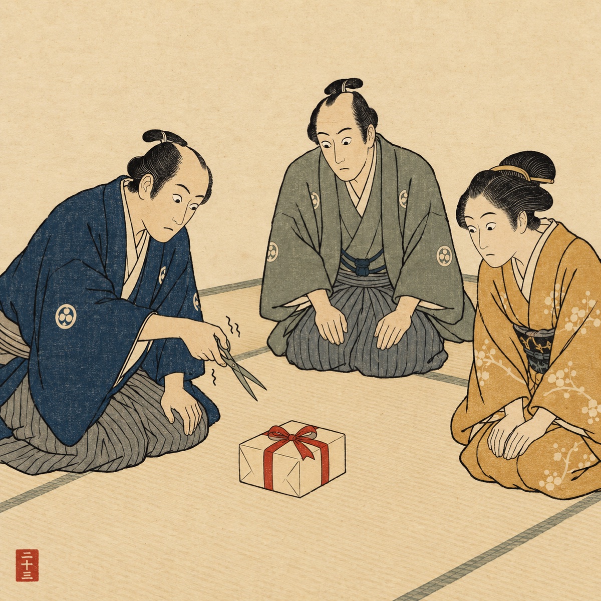 Ukiyo-e style illustration: three family members in kimono kneel around a single perfectly wrapped gift box with a red ribbon; one holds scissors with a trembling hand while the other two watch nervously.