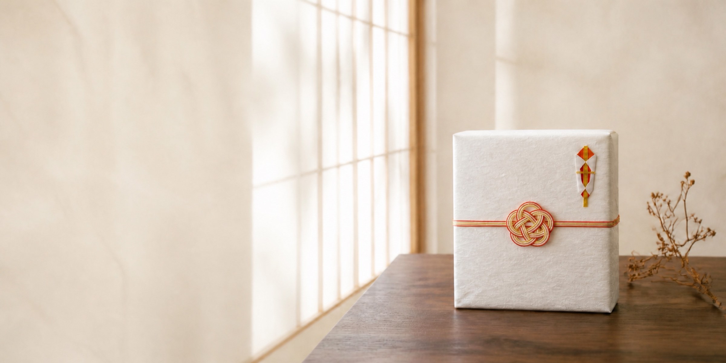 A gift wrapped in white paper, tied with red and gold mizuhiki cord